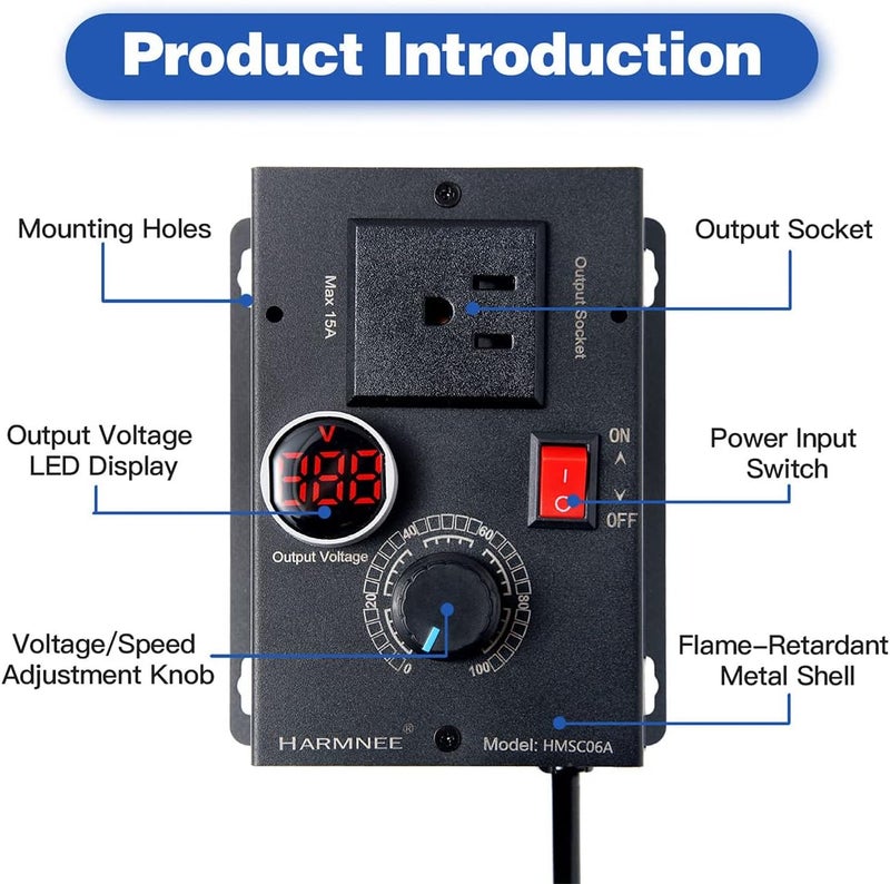 HARMNEE AC Motor Speed Controller 110-120V / 10A Rated / 15A Max, Fan Speed Control AC Electronic Voltage Regulator with Black-Coated Matt Metal Shell & Voltage LED Display Screen - Image 2